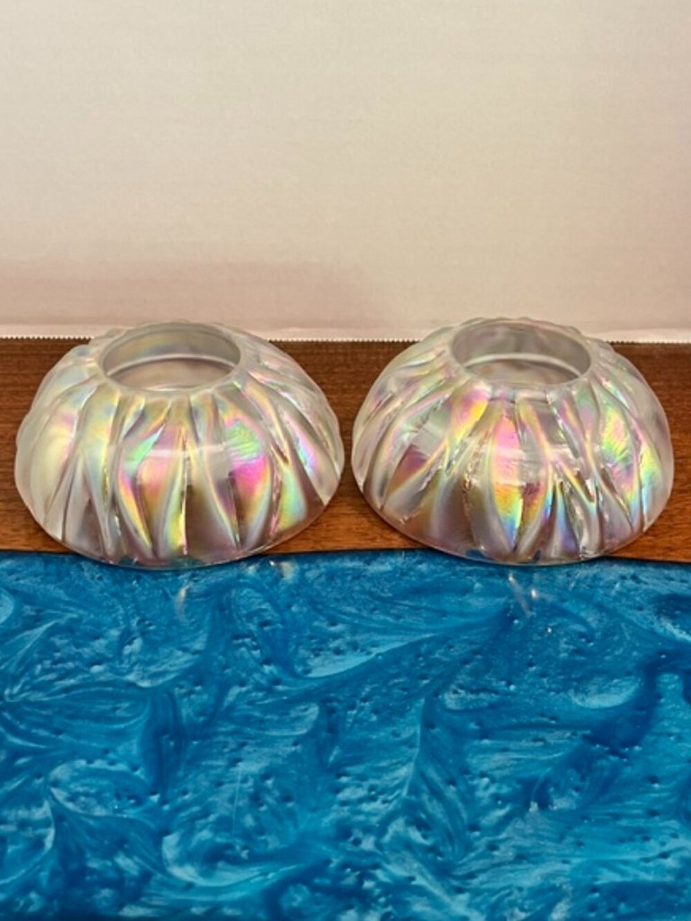 Pair Fenton Rainbow Ice Iridescent Votive Tea Light Candle Holders Opalescent